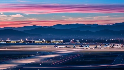 Twilight Airport Runway Illuminated by City Lights with Majestic Mountains in the Background