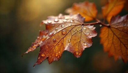 Canvas Print - Autumn Leaf with Water Drops: Close-Up on Branch