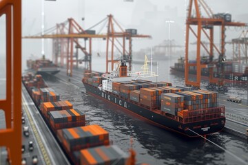 A 3D illustration of a cargo ship docked at a port, integrated with a digital interface displaying data and analytics. The image highlights modern maritime logistics and technology.