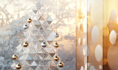 A minimalist Christmas tree made of silver and gold geometric shapes, with shimmering ornaments against a frosted glass background, evoking a modern festive feel with abstract touches of elegance.