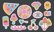 © Purrga - Cartoon retro groovy hippie stickers pack. Bright psychedelic funky mushroom, sun, pizza vector illustrations