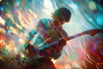 A man is playing a guitar in a colorful, blurry background. Concept of energy and excitement, as if the man is performing on stage in front of a crowd