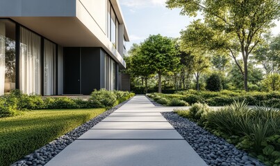 Access road to a modern house with a garden