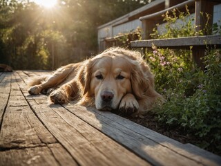 Wall Mural - Golden retriever dog lying on wooden deck in backyard with plants and flowers in background, basking in warm sunlight