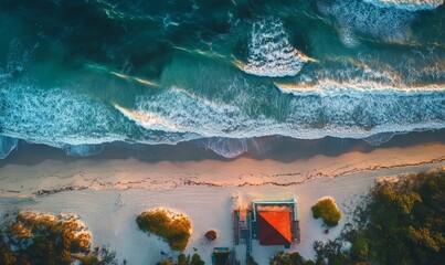 Wall Mural - Aerial view of sandy beach and lifeguard house along Atlantic ocean coast