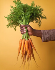 A man's hand holding a bunch of carrots, with the roots visible isolated on pastel yellow background