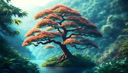 Majestic tree towering beside a serene, flowing river