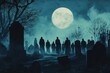 © Butsarakham - A graveyard with a large moon in the sky. The graveyard is full of people and the moon is very large