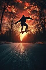 A man is skateboarding in the woods at sunset. The sky is orange and the trees are bare