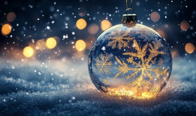 A Christmas bauble made of sparkling crystal snowflakes, glowing softly in the night air, with delicate golden light reflecting off the frosted surface