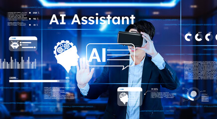 Smart project manager pointing at AI chat hologram and wearing headset at modern office. Professional businessman working on augmented reality goggles with blurring background. Technology. Ingenuity.