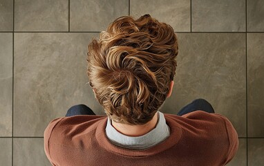 A young man with stylish curls gazes down thoughtfully, sitting on tiled flooring in a cozy indoor space