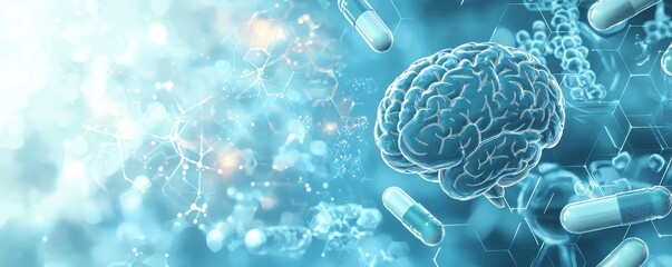 Wall Mural - digital artwork of a brain surrounded by medical pills and molecular structures representing neurosc