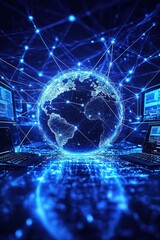 Wall Mural - digital representation of earth on blue technology background with data connections and network inte