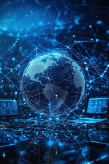 Wall Mural - digital global connectivity network with earth and technology interface on blue background