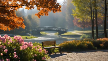 Wall Mural - Serene Autumn Forest Scene Featuring a Bridge Over a Tranquil Pond