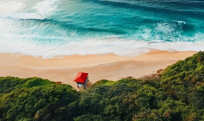 Wall Mural - Aerial view of sandy beach and lifeguard house along Atlantic ocean coast