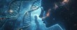 © Georgii - Close-up of two double-helix DNA strands with a human silhouette in a cosmic blue background, symbolizing genetics and human evolution