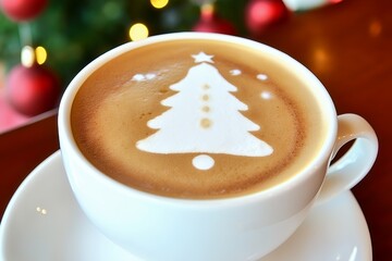 A close-up of a cup of coffee with a Christmas tree design in the foam.