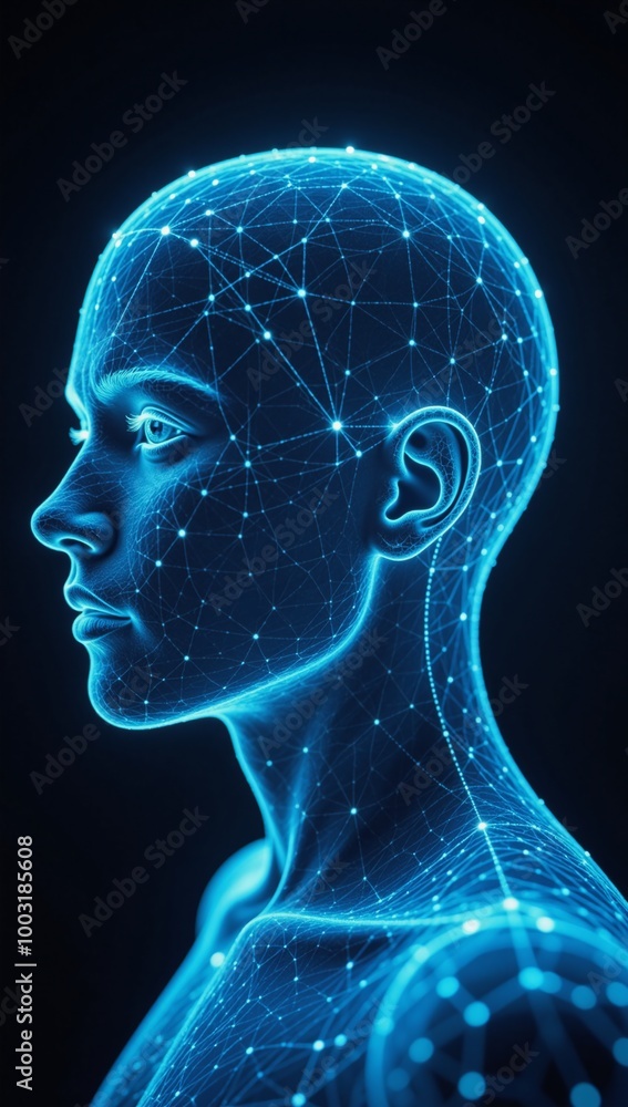 Blue hologram depicts AI as a human head within futuristic glow network ...