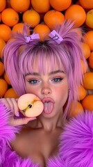 Sticker - A woman with pink hair holding a piece of fruit in front of a pile of oranges