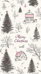 Poster - A christmas card with a drawing of a house and trees