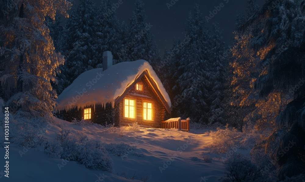 Cozy winter cabin in the woods with snow on the roof and warm light ...