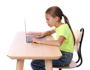 Wall Mural - Girl with incorrect posture using laptop at wooden desk on white background