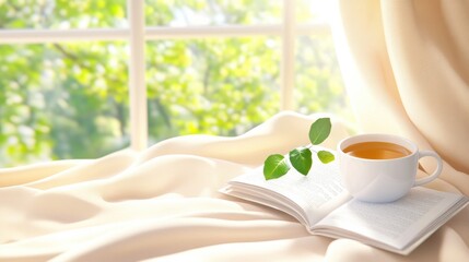 Sticker - A cup of tea on a book with green leaves in front, AI