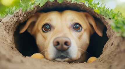 Canvas Print - A dog peeking out of a hole in the ground, AI