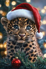 A cute baby leopard wearing a Santa hat, nestled among festive greenery and ornaments, radiates playful spirit and Christmas joy against a dreamy backdrop.