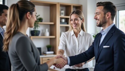 Group, business people and shaking hands for welcome, introduction or meeting in office. Handshake, smile and team with deal for collaboration, agreement or thank you for b2b partnership opportunity