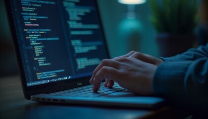Close-up of hands typing on a laptop keyboard with glowing blue code on the screen