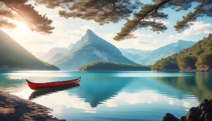 Wall Mural - Serene Lake Mirroring Verdant Hillside Beauty