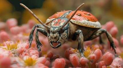 Poster - Macro Photography of a Colorful Beetle on Pink Flowers