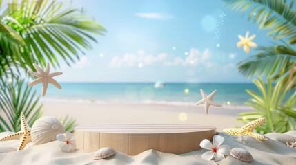 Wall Mural - A beach scene with a wooden platform and shells on the sand