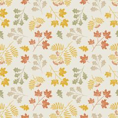 Wall Mural - Retro wallpaper art with autumn leaves. Fall seamless pattern with rowan, maple and oak. Hand drawn background with repetitive illustration.