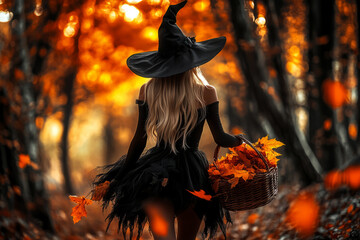 A beautiful blonde witch in a black dress and hat walking through a forest,