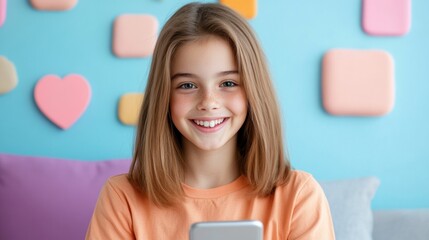 Canvas Print - A young girl smiling while holding a cell phone in her hand, AI