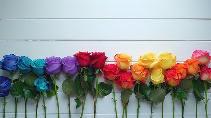 Rainbow roses on white background, romantic feminine composition, wedding invitation concept.