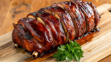 Wall Mural - A close up of a meat wrapped in bacon on top of wood, AI