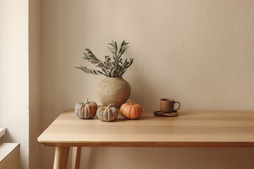 Wall Mural - Elegant autumn interior. Vase with olive branches. Little pumpkins on wooden table desk. Home office. Scandi interior. Thanksgiving, Halloween holiday decor. Cup of tea, coffee, tea. Beige wall mockup