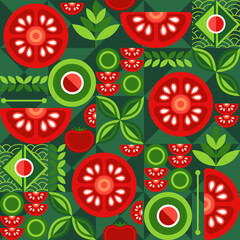 Tomato seamless pattern with icons, design elements in simple flat geometric style. Good for branding, decoration of food packaging, kitchen decorative prints.