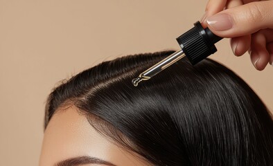 Woman applying hair growth serum to her scalp using a dropper for healthy and shiny hair, close-up view