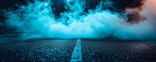 Wall Mural - in this image, we see wet asphalt, reflections of neon lights, a searchlight, and smoke. dark backgr