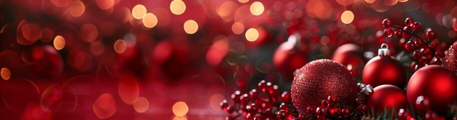 Arranged glittering red ornaments on a bokeh-filled background, epitomizing festive elegance.