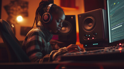 African American woman wearing headphones while working at a sound mixing console.  Monitor displaying audio waveforms and large studio speakers in the background.