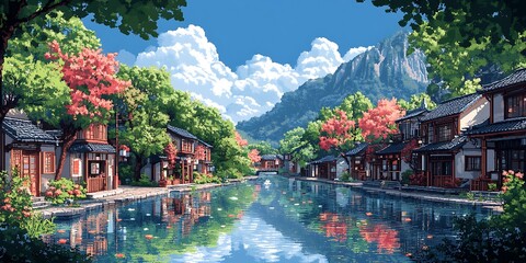 Wall Mural - Water Village Landscape Illustration, Asian Style Town with Canal, Mountains, and Trees