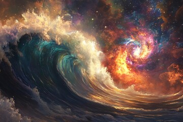 Wall Mural - background wallpaper with an abstract graphic design, a galaxy rising from the surface of an ocean p
