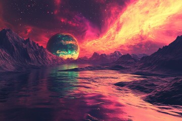 Wall Mural - an ocean planet rises from the surface of an abstract graphic design with a galaxy shot into the dis